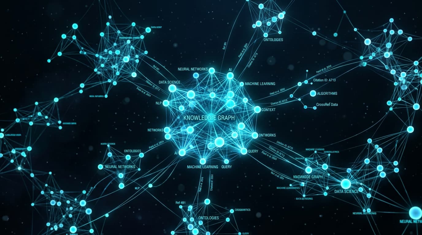 Luminous 3D semantic knowledge graph with interconnected data nodes and citation vectors
