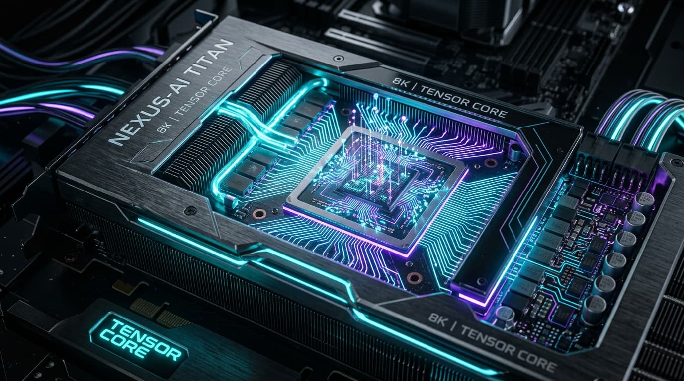 High-performance workstation GPU and motherboard with illuminated tensor cores and neural pathways
