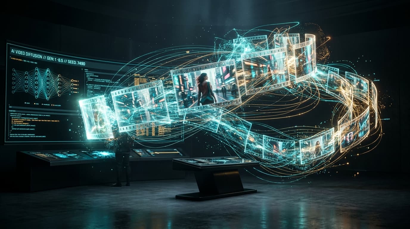 Futuristic cinematic studio with holographic AI video diffusion timelines and luminous frame sequences